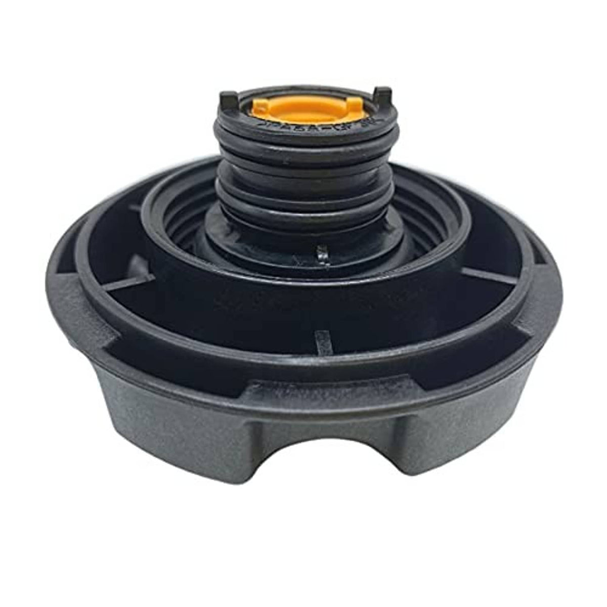 Expansion tank cap with black outer base, inner threads, and yellow center seal