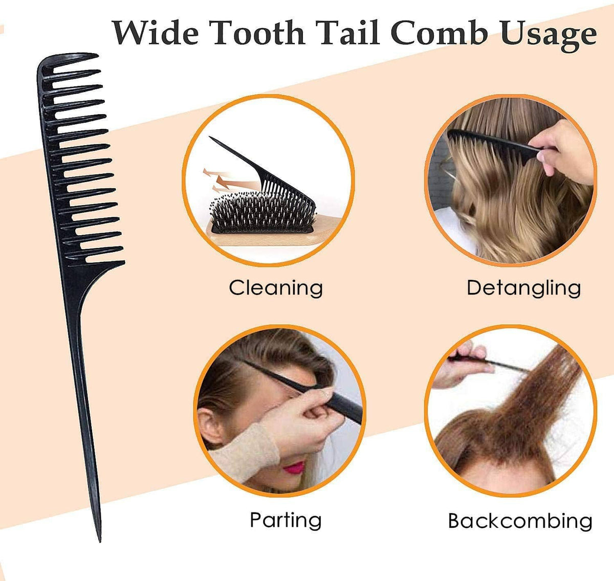 Black wide-tooth tail comb with pointed tail for sectioning