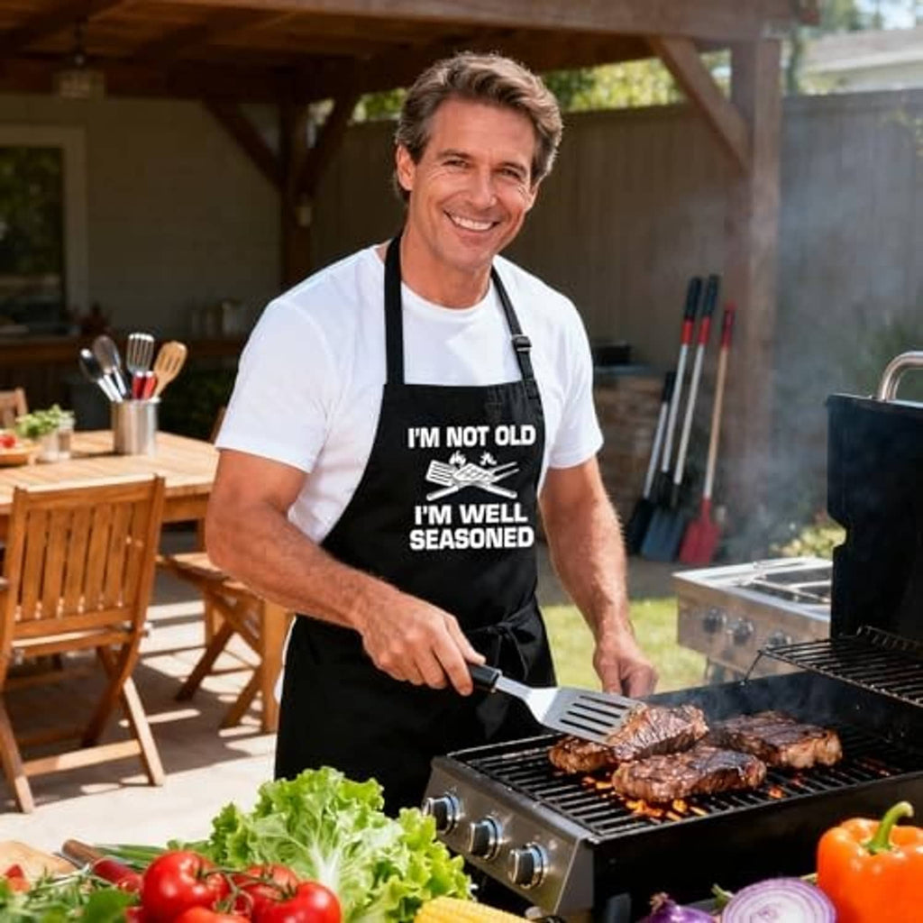 Black grilling apron on a cook with “I’M NOT OLD, I’M WELL SEASONED” front print