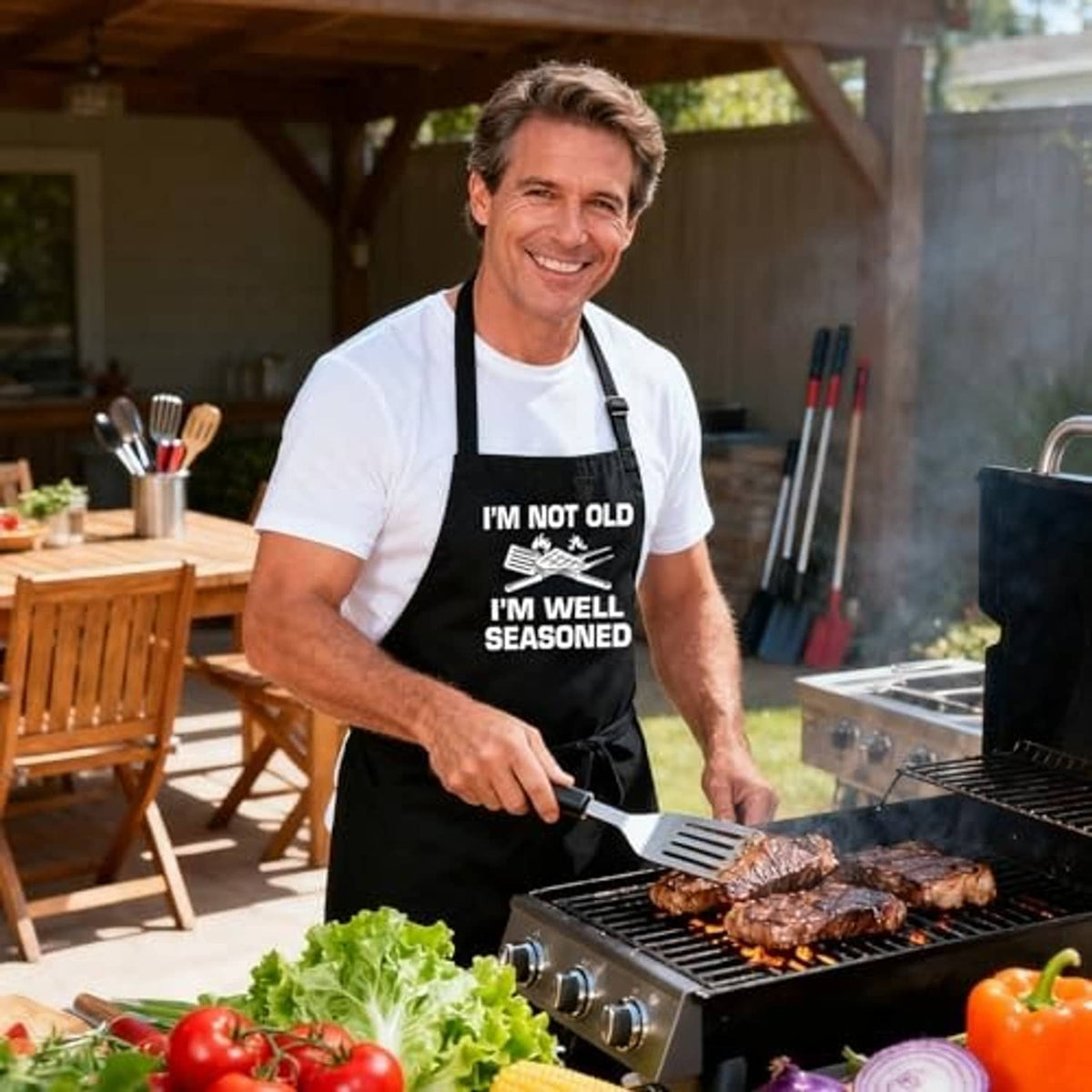 Black grilling apron on a cook with “I’M NOT OLD, I’M WELL SEASONED” front print