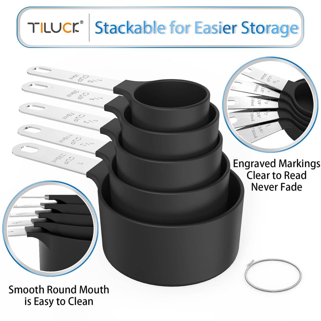 Black stackable measuring cups with white engraved measurement strips and spoon measures