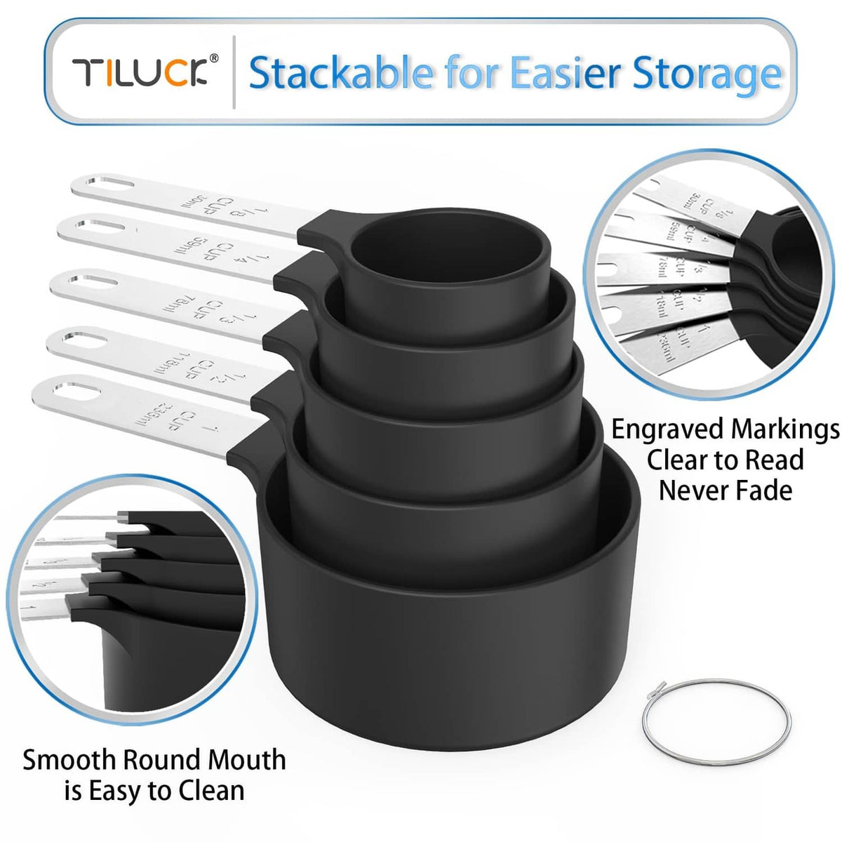 Black stackable measuring cups with white engraved measurement strips and spoon measures
