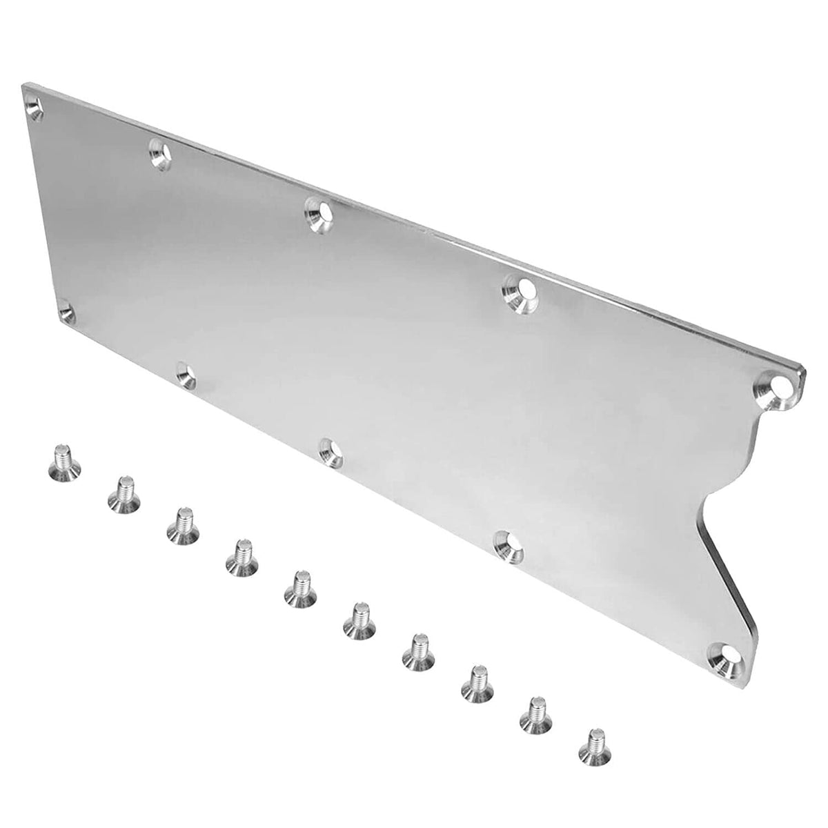 Engine valley cover plate with slotted side notch and bolt holes, silver
