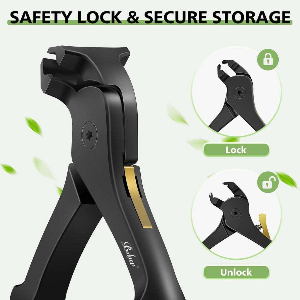 Black nail clipper with safety lock on the handle for secure storage.