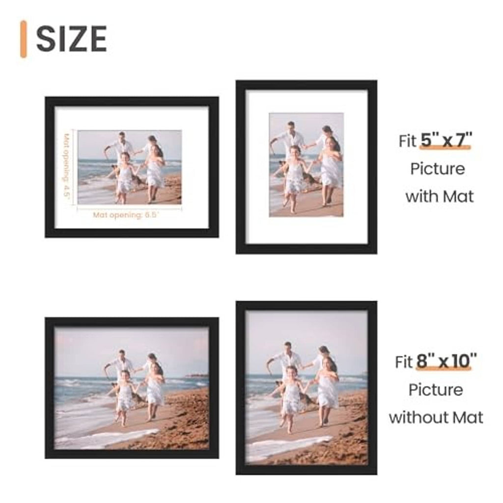 Black picture frames size guide: 5x7 with mat, 8x10 without mat