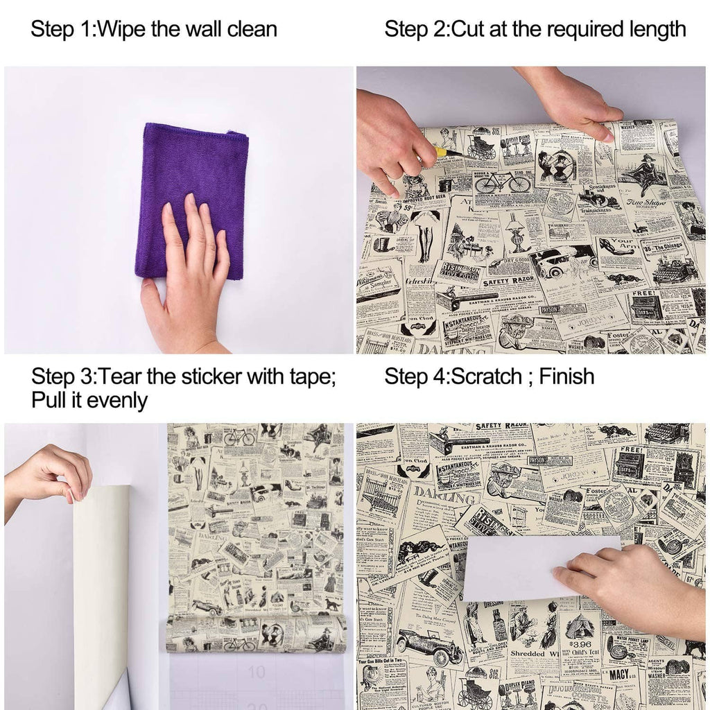 Contact paper installation steps: wipe wall, cut, peel sticker, and scratch to finish