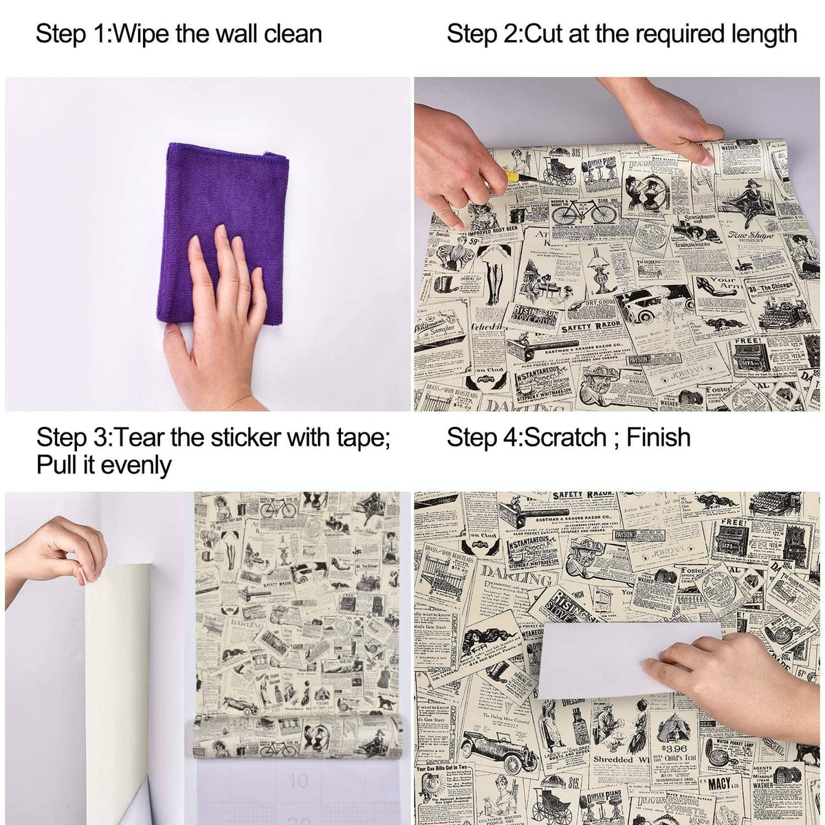 Contact paper installation steps: wipe wall, cut, peel sticker, and scratch to finish