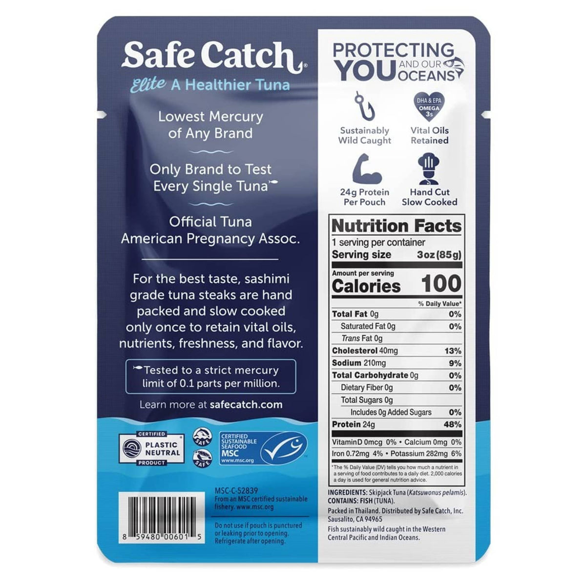Safe Catch tuna pouch back label with nutrition facts and ingredient panel