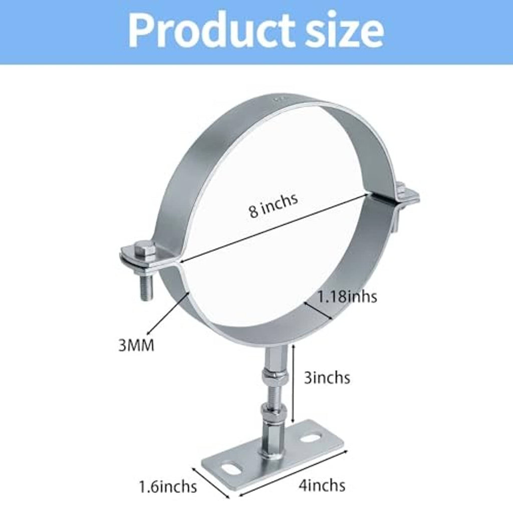 Chimney pipe wall bracket with split ring, gray metal, threaded post and base plate