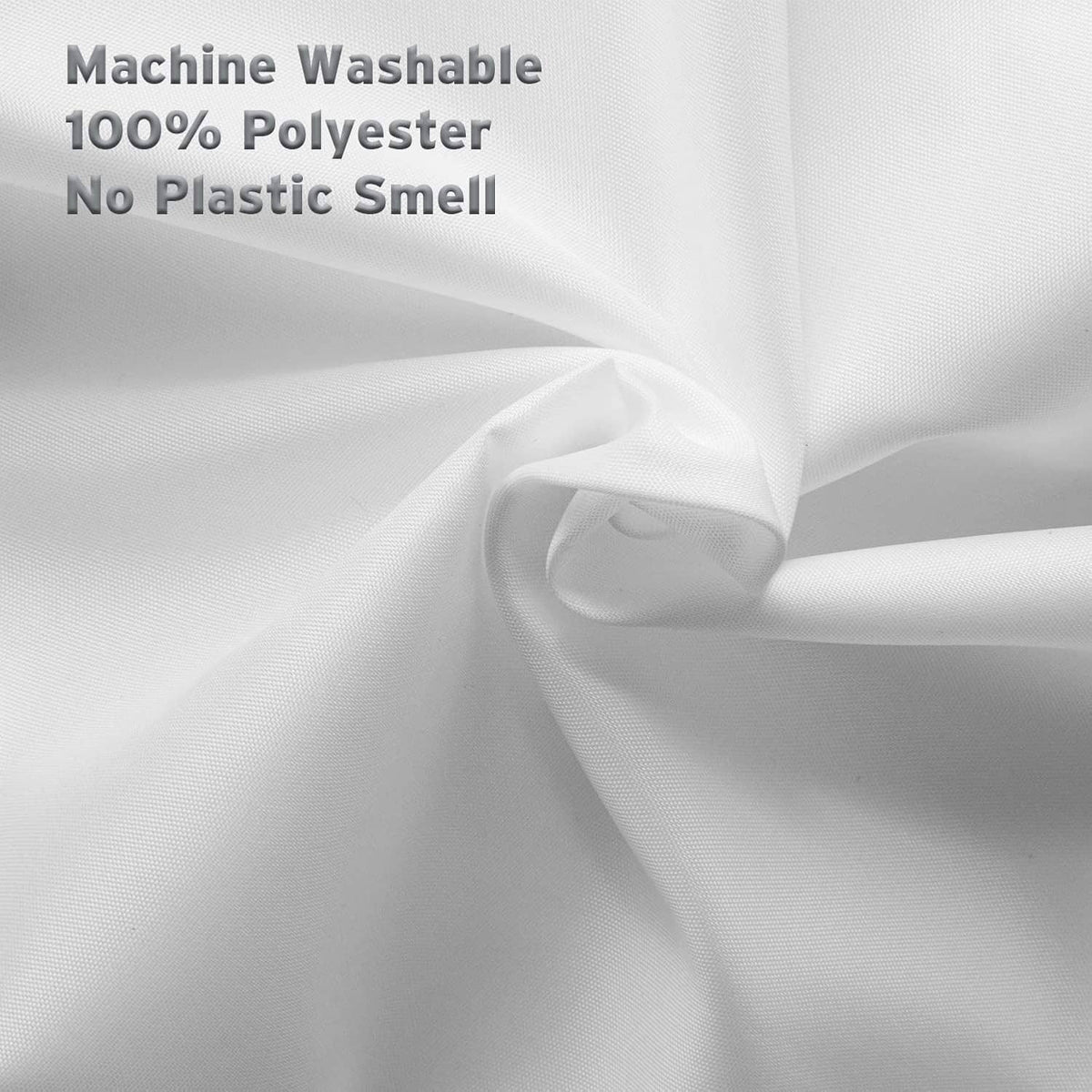 White polyester shower curtain liner fabric with smooth weave and stitched fold.