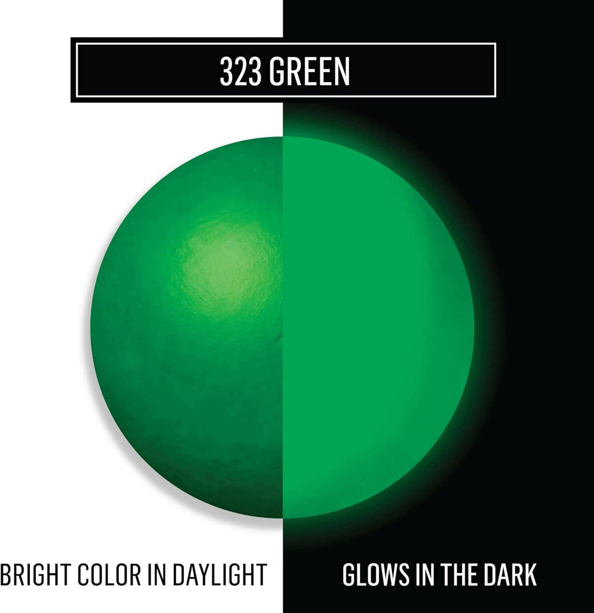 Glow-in-the-dark green paint showing daylight vs dark glow effect, split-circle graphic.