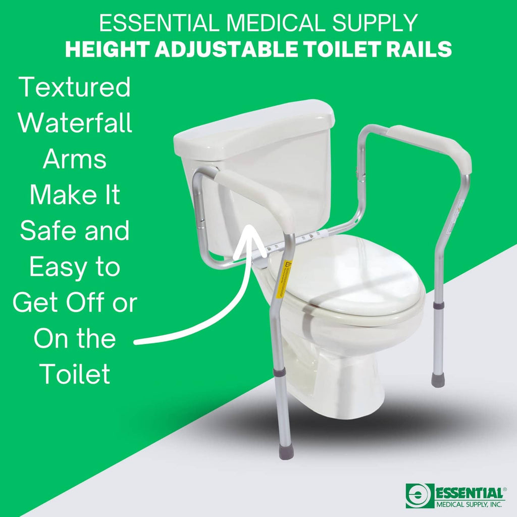 Height-adjustable toilet safety rail with armrests and curved side frame, white