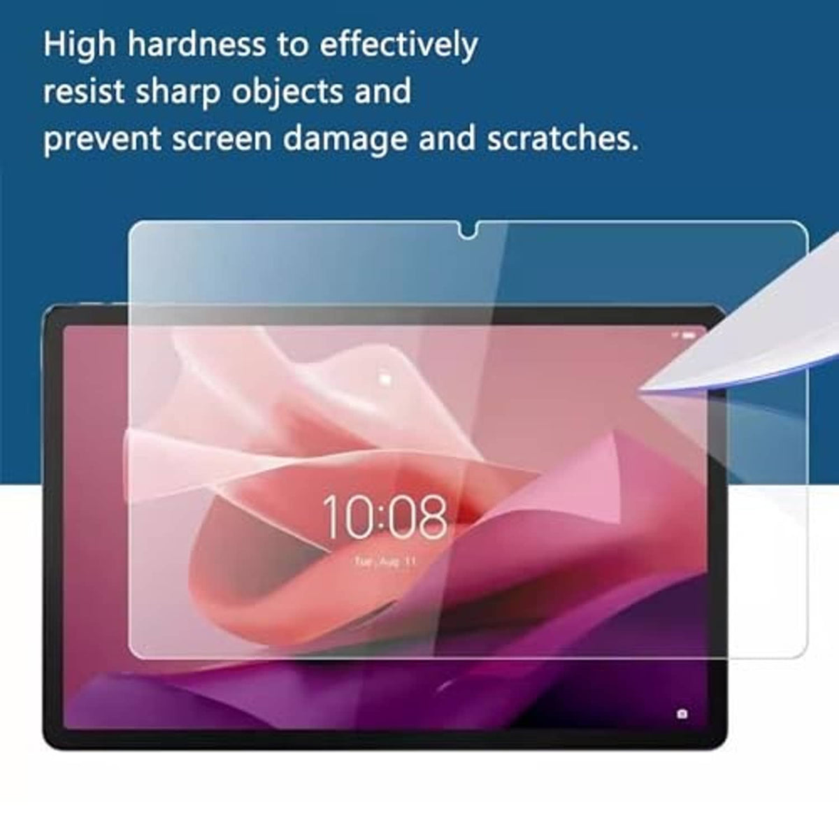 Tablet screen protector, clear tempered glass sheet with full front coverage.