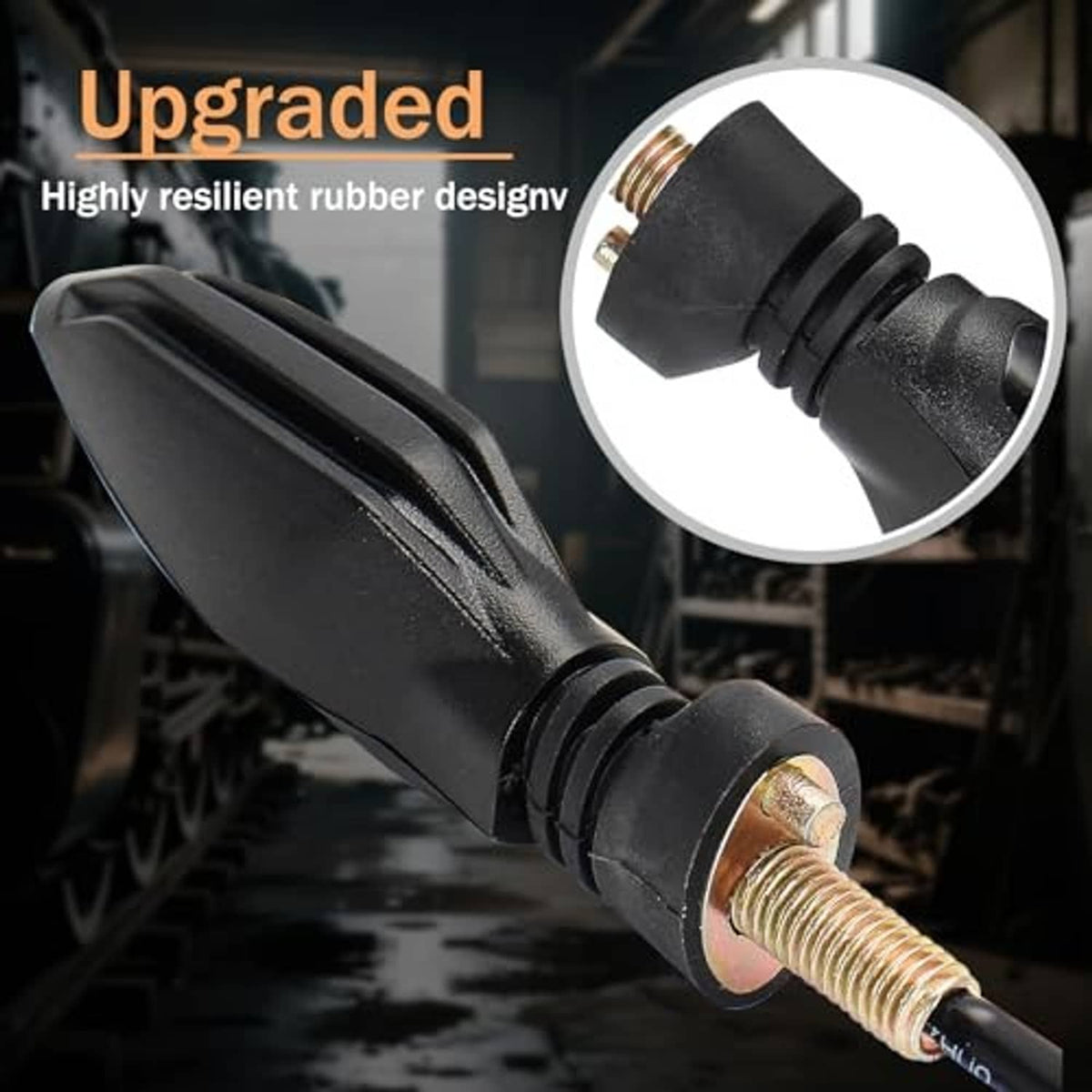 LED motorcycle turn signal with resilient rubber end cap and threaded mounting stem
