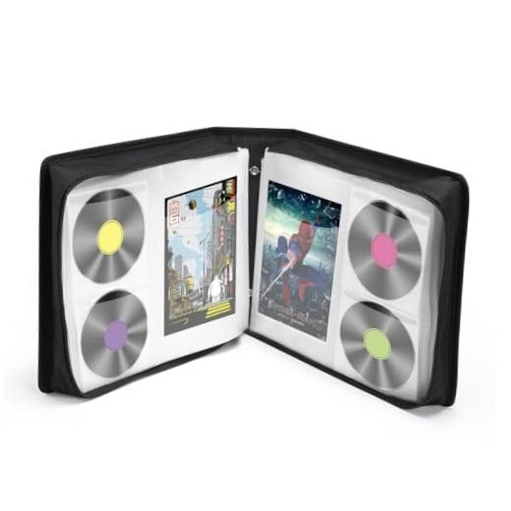 Black DVD storage case opened, holding discs and booklets in clear sleeves