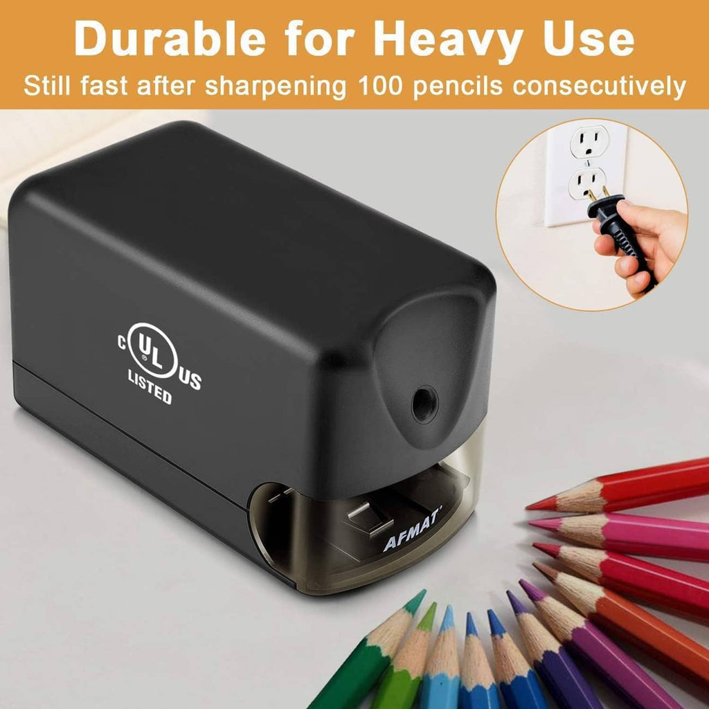 Black heavy-duty electric pencil sharpener with shaving slot and window