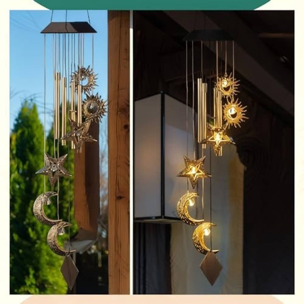 Solar wind chime with sun, moon, and star charms hanging from a vertical rod frame