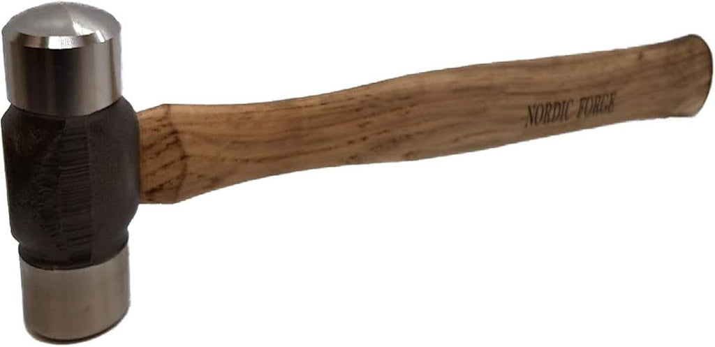 Rounding hammer with tapered steel head and dark wood handle, metal end cap