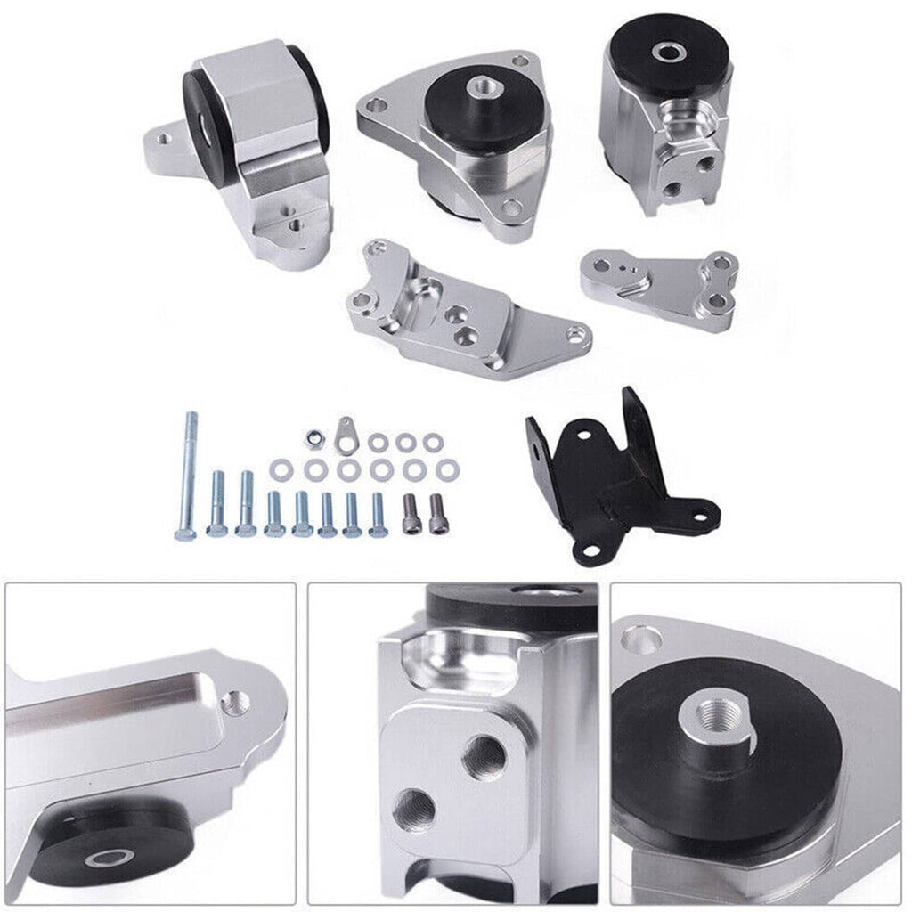 Motor mount kit components: aluminum mounts, black bushing, bolts, and brackets