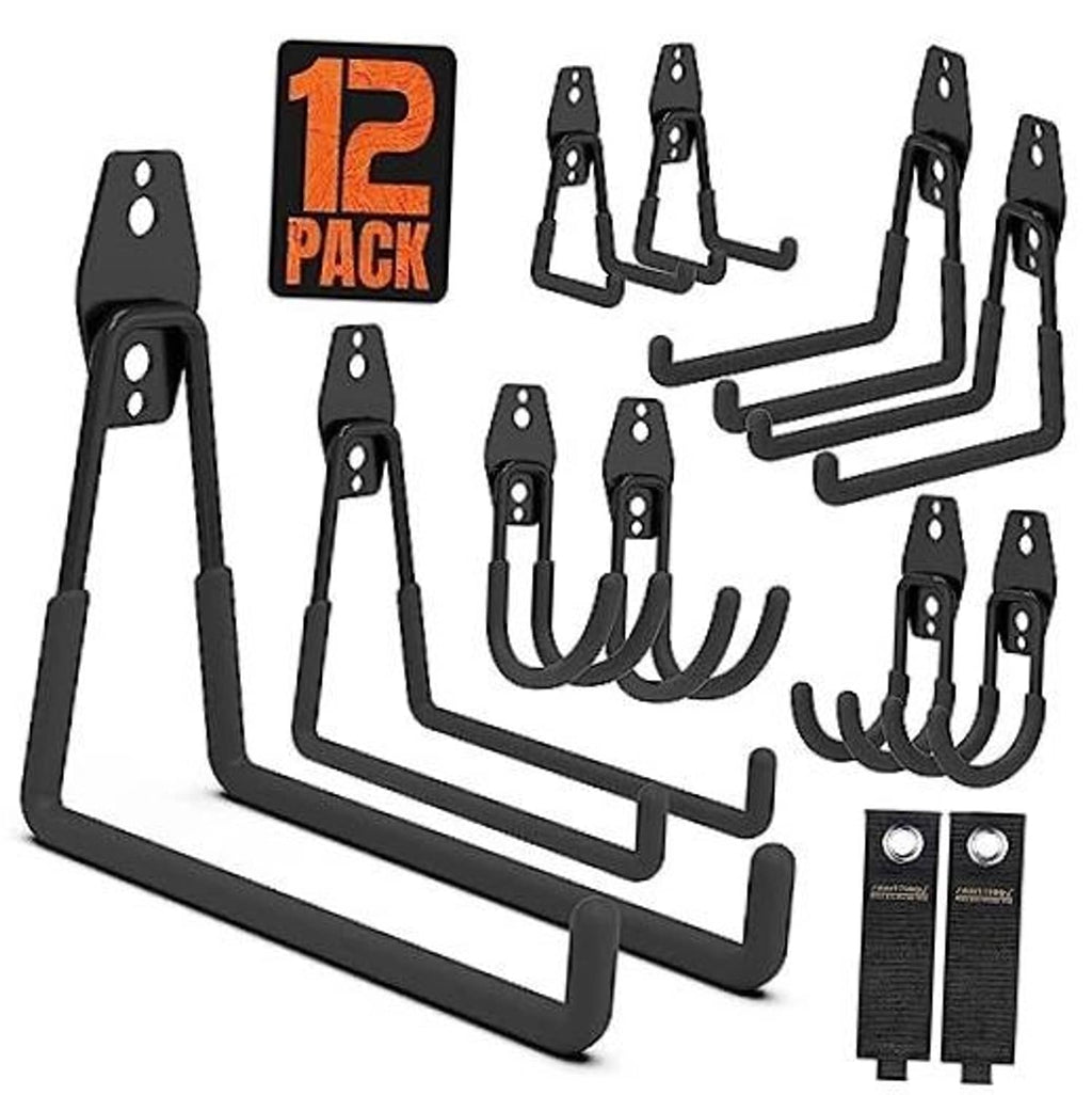 Black J-shaped garage wall storage hooks, 12-pack set with multiple hook arms
