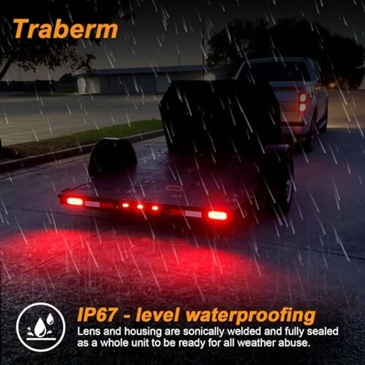 Oval LED tail light glowing red under rainy weather, sealed black housing