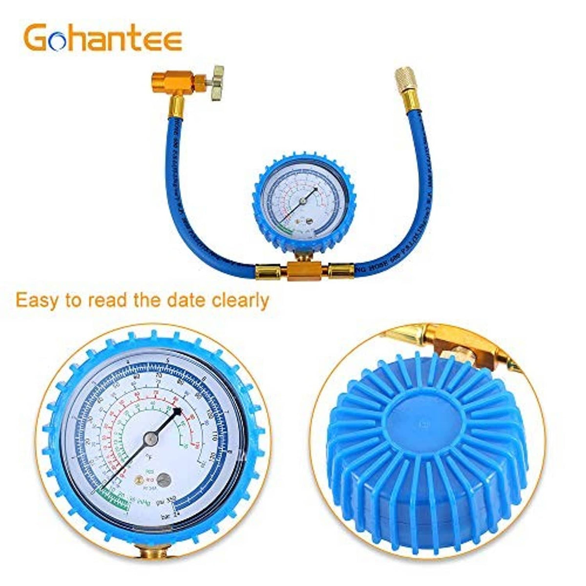 Refrigerant charging hose kit with blue hoses and round pressure gauge