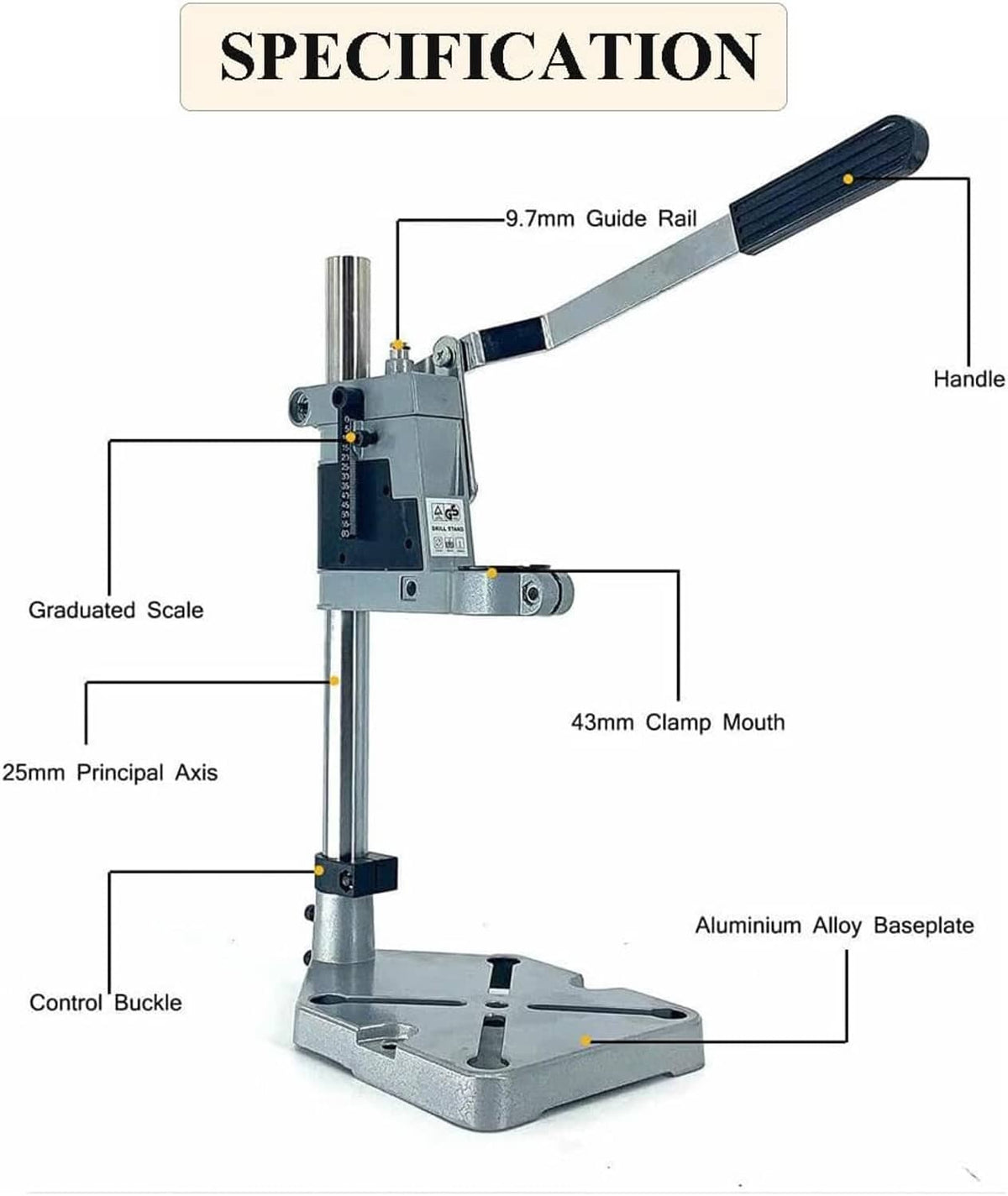 Drill stand with guide rail and graduated scale, gray base plate and blue handle