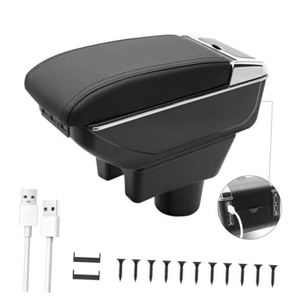 Black padded car armrest console with lid, USB ports on the side