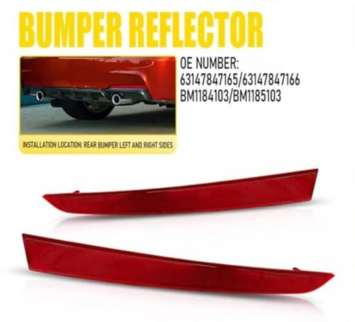 Red rear bumper reflector pair, left and right, shown separately on a white surface