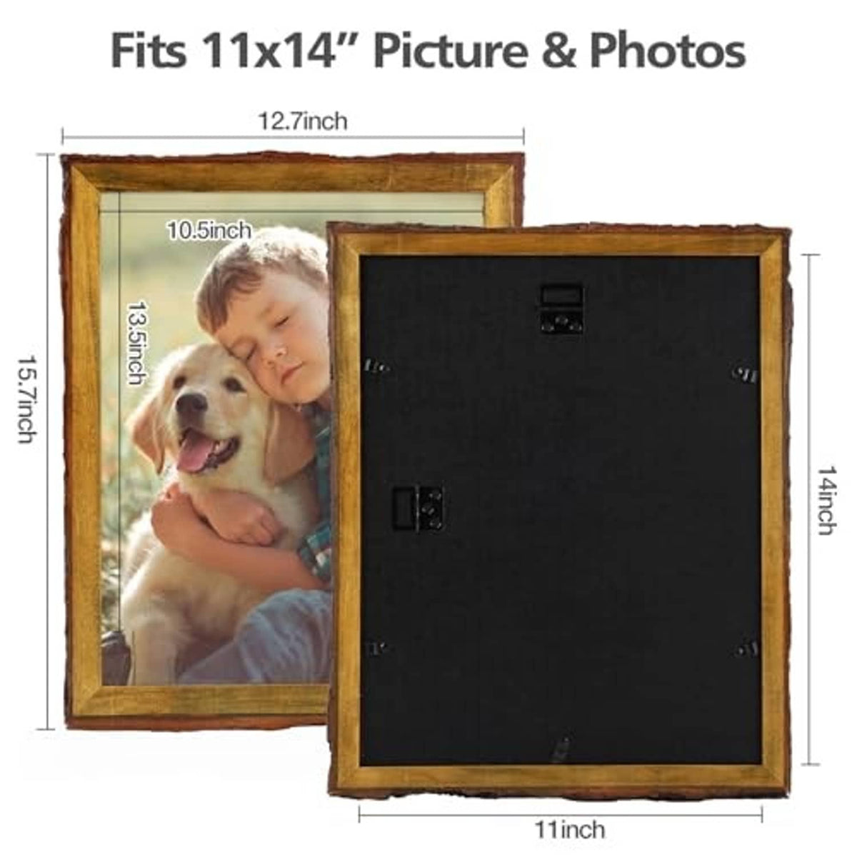 Rustic wood picture frame sized for 11x14 photos; front glass with backboard