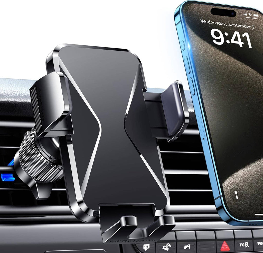 Car vent phone mount holder with gray clip and cradle, holding a smartphone