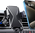 Car vent phone mount holder with gray clip and cradle, holding a smartphone