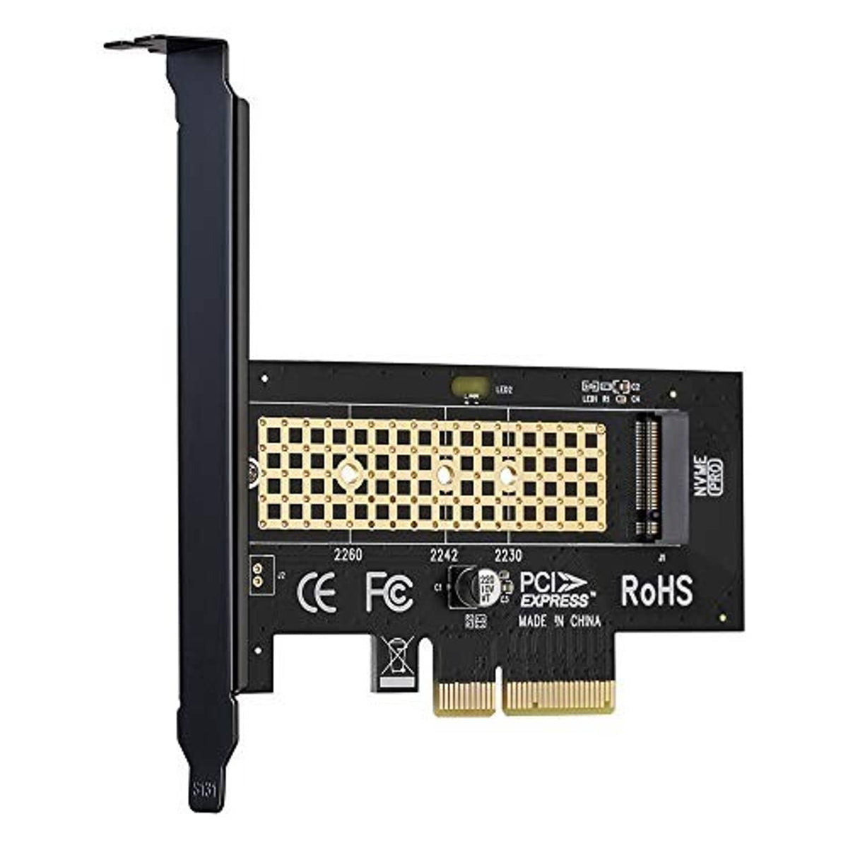 M.2 NVMe to PCIe x4 adapter card with ribbed black heatsink and bracket