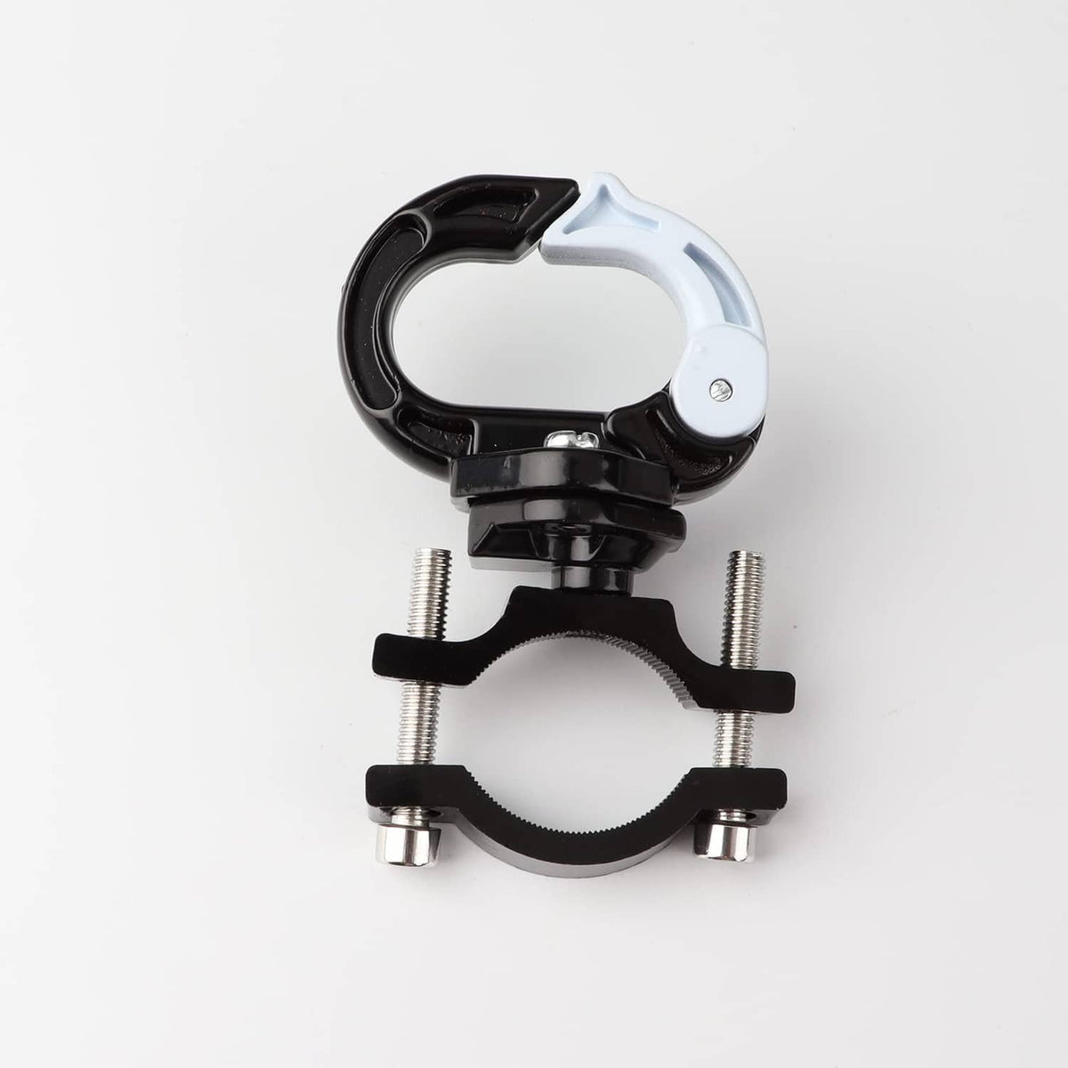Electric scooter hanger hook with black and white curved body and mounting bolts
