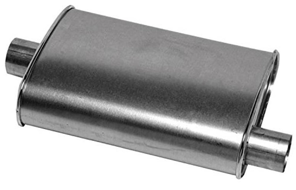 Universal turbo exhaust muffler with brushed metal cylinder and offset inlet/outlet tubes