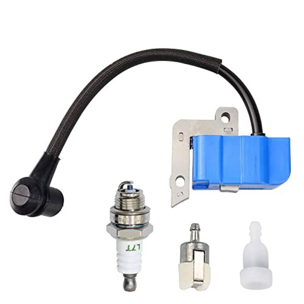 Ignition coil module with mounting plate, black wire, spark plug, and small connector caps