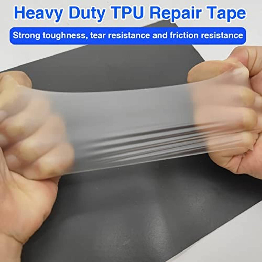 Gray TPU repair tape sheet being smoothed onto a surface by hands