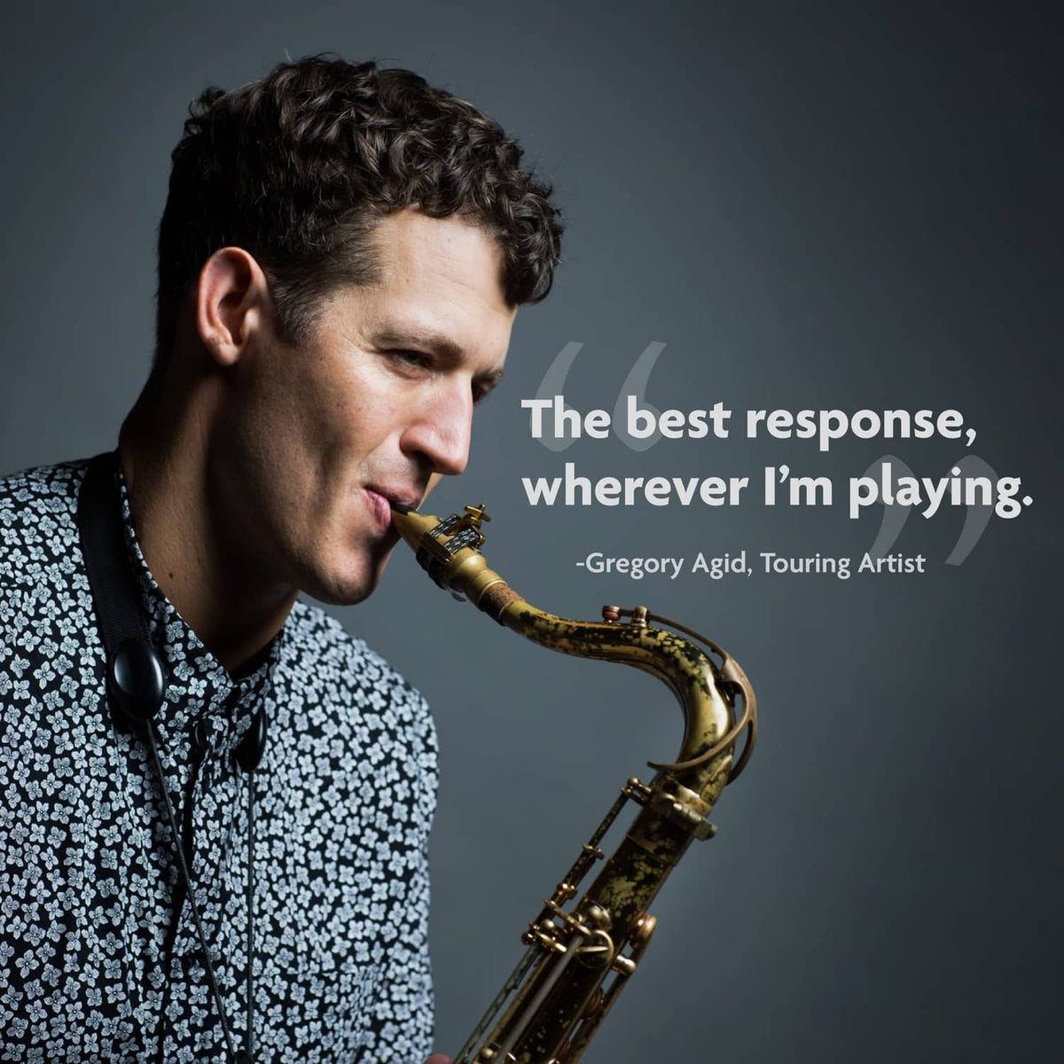 Saxophonist holding a saxophone with text promoting synthetic saxophone reed