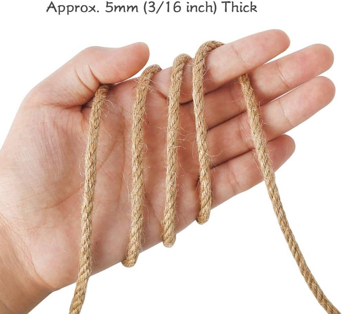 Natural jute cord held in hand, approx 5mm thick, multiple twisted strands shown.