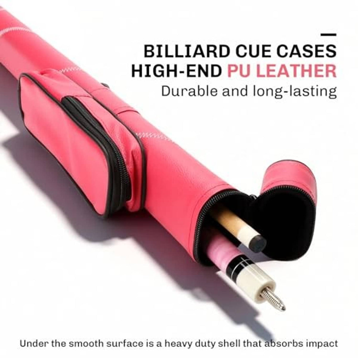 Red pool cue case with black zipper and fitted end cap holding a cue stick tip.