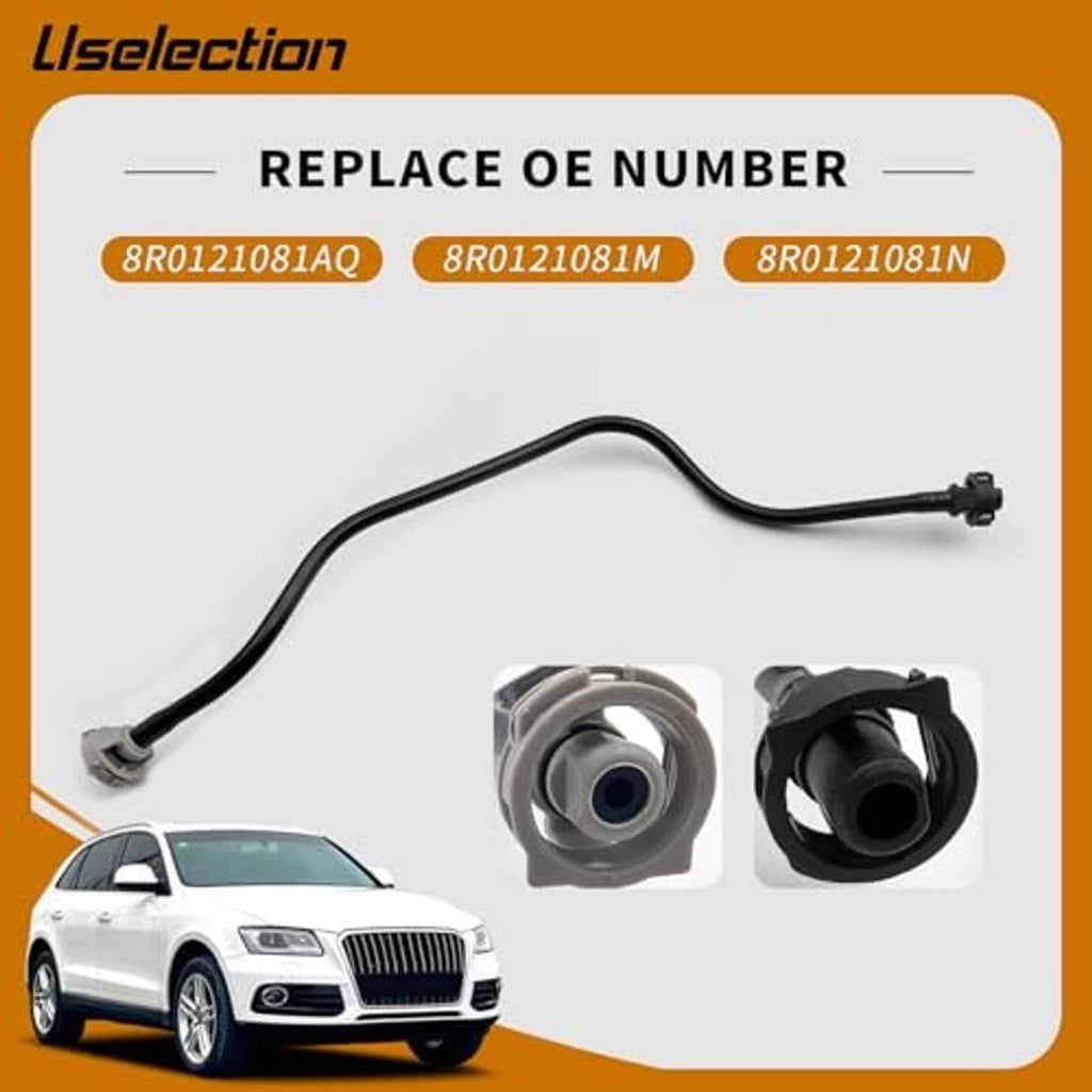 Black coolant overflow hose with metal end cap and mounting flange, inset fitting views