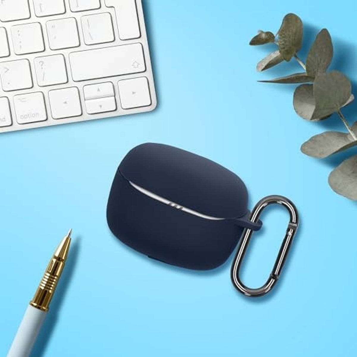 Dark blue silicone earbuds charging case cover with metal carabiner loop