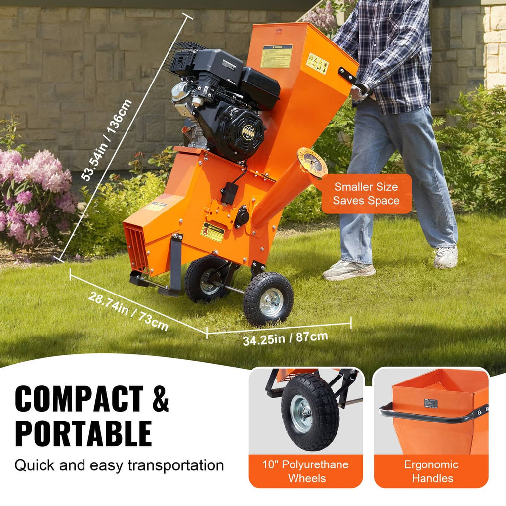 Orange wood chipper shredder mulcher on wheels with compact frame and hopper