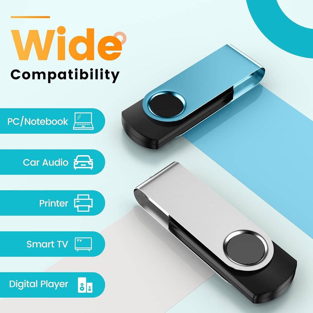 Blue and black USB flash drives with circular end cap and lanyard loop, angled view.