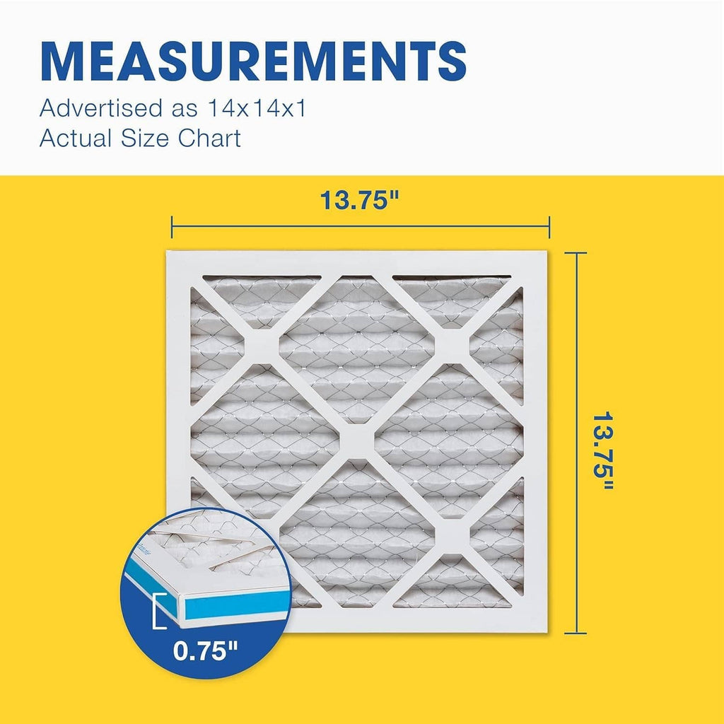 HVAC air filter frame with white pleated media, 13.75 in size