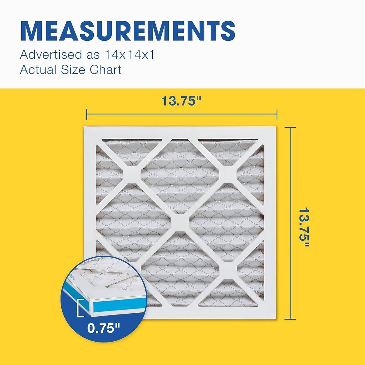 HVAC air filter frame with white pleated media, 13.75 in size