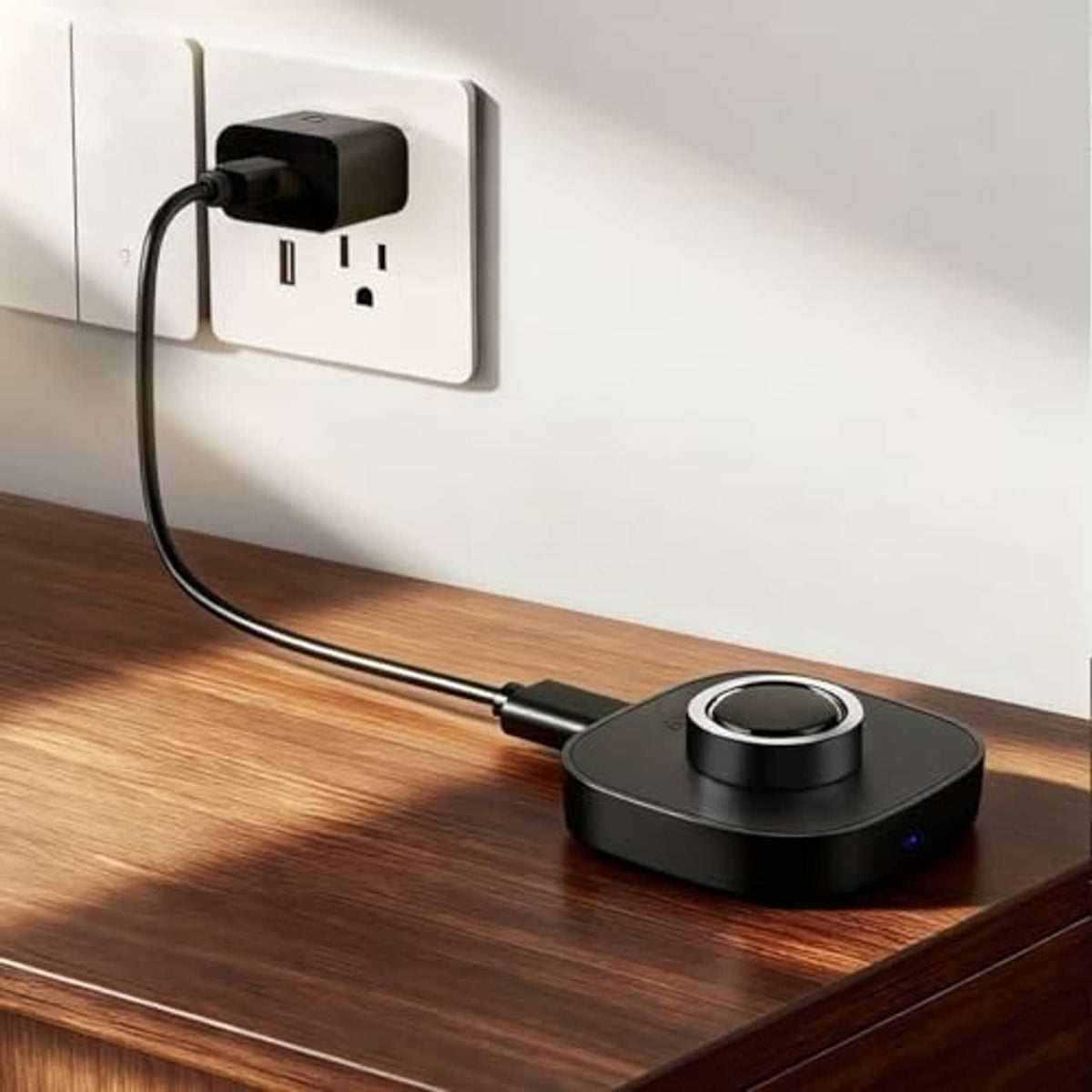 Black smart ring charger dock on desk connected to wall outlet by USB cable