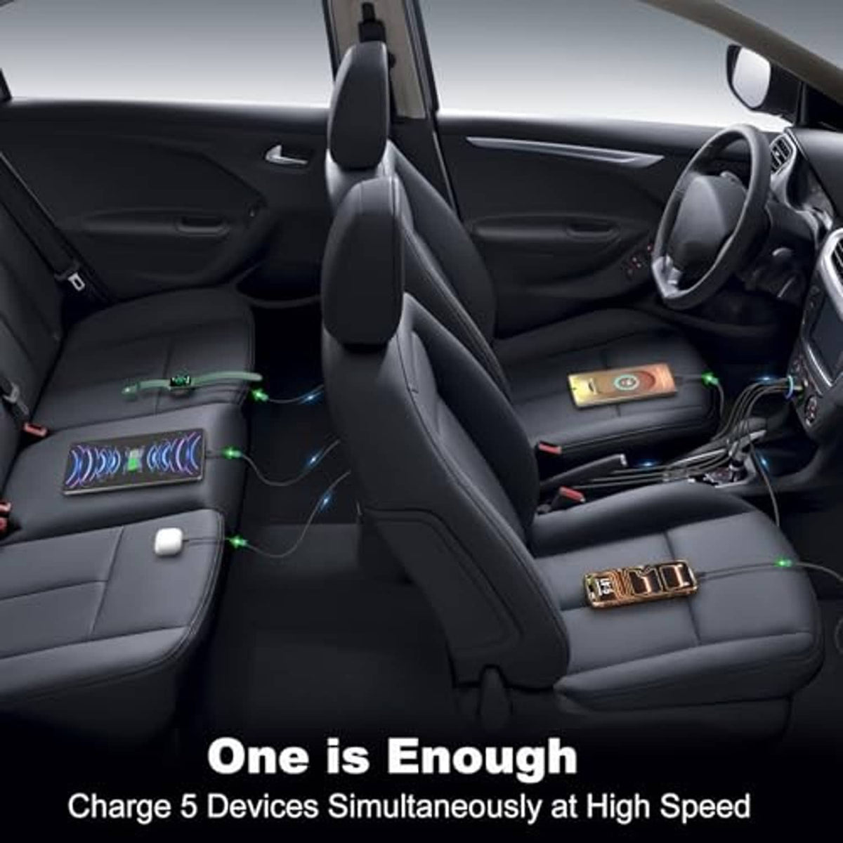 Car charging setup with multiple USB chargers and blue LED power indicators