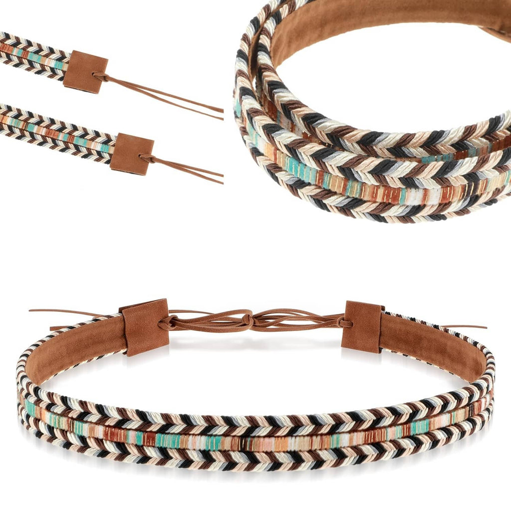Braided hat band with brown leather ties and black/white/teal striped trim