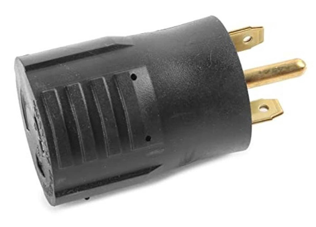 Dark gray twist-lock plug adapter with two brass prongs and molded strain relief